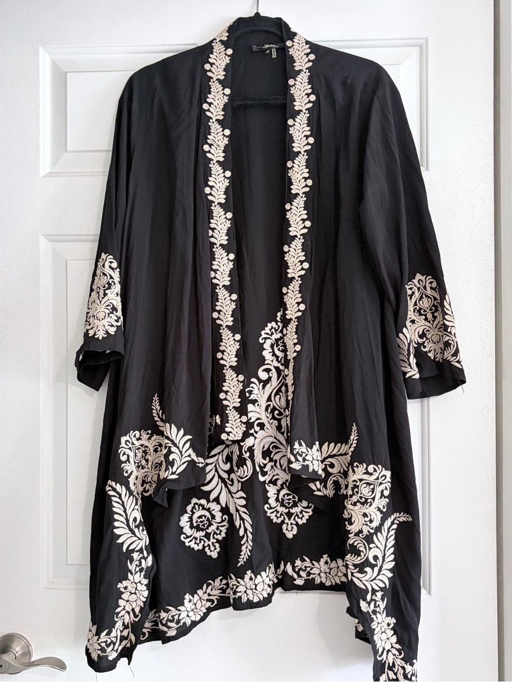 Black Embroidered Open Kimono with Cream Floral Trim